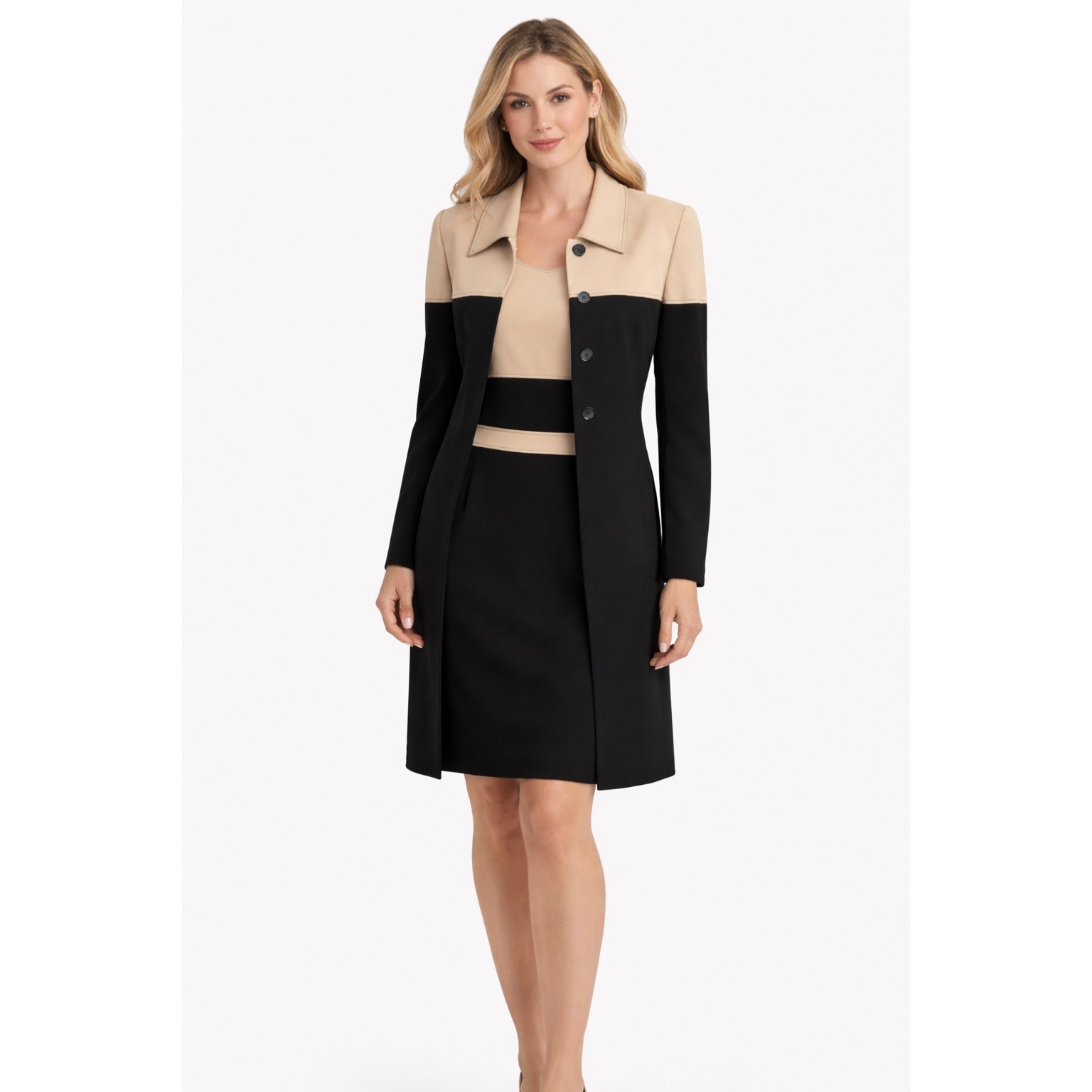 Vintage Dana Buchman Dress & Jacket 2-Piece Set Beige Navy Career Size 6